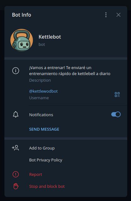 Descripción del bot en Telegram